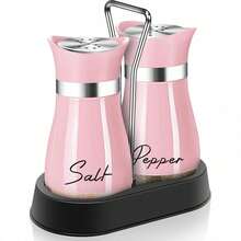 Pink Salt And Pepper Shakers Set With Holder,4 Oz Kitchen Decor And Accessories Home Essentials Cute Household Items For Mother's Day Housewarming Gift Refillable Design (Pink) - Pink - View 2