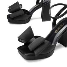 Women Chunky Platform High Heeled Sandals, Fashion Bow Knot Ankle Strap Heeled Sandals, Open Square Toe Summer Sandals For Prom, Party, Wedding - 黑色 - 查看 7