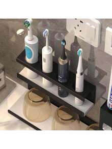 1个豪华牙刷架，壁挂式浴室漱口杯收纳架，电动牙刷支架 - 黑色 - 查看 3