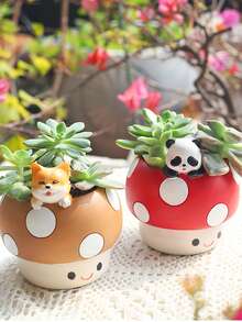 Süßer Pilz-Blumentopf mit Tierfigur, Sukkulenten-Topf für Zimmerpflanzen, Kawaii Raumdekoration für Schreibtisch, Regal, Badezimmer, Büro, Boho Wohnaccessoire, Geschenk für Pflanzenfans, Frauen, Frühlingsgarten Dekoration, ästhetische Schlafzimmer- & Kinderzimmer-Dekoration - A - Übersicht 3