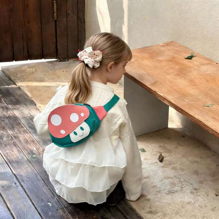 1pc Girls' Cartoon Mushroom Nylon Zipper Closure Cute Chest Bag/Waist Bag/Crossbody Bag, Suitable For All Seasons Daily Use - A - View 1