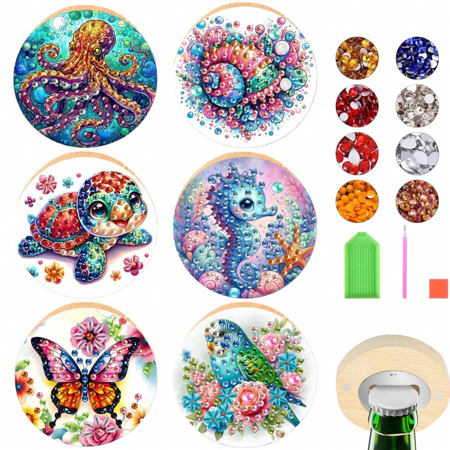 1pc Diamond Painting Art Bottle Opener Set, Turtle, Seahorse, Butterfly, Bird Patterns, Special Shaped Crystal Artificial Diamond Mosaic Craft, Suitable For Refrigerator, Fun Kitchen Dining Accessories, Household Kitchen Tools, Ideal Gift, Suitable As Wedding Guest Artistic Craft Gift, Party Souvenir