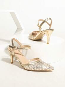 Glitter Toe Strap Sandals, Women's Pointed Toe High Heels - Gold 1 - View 6