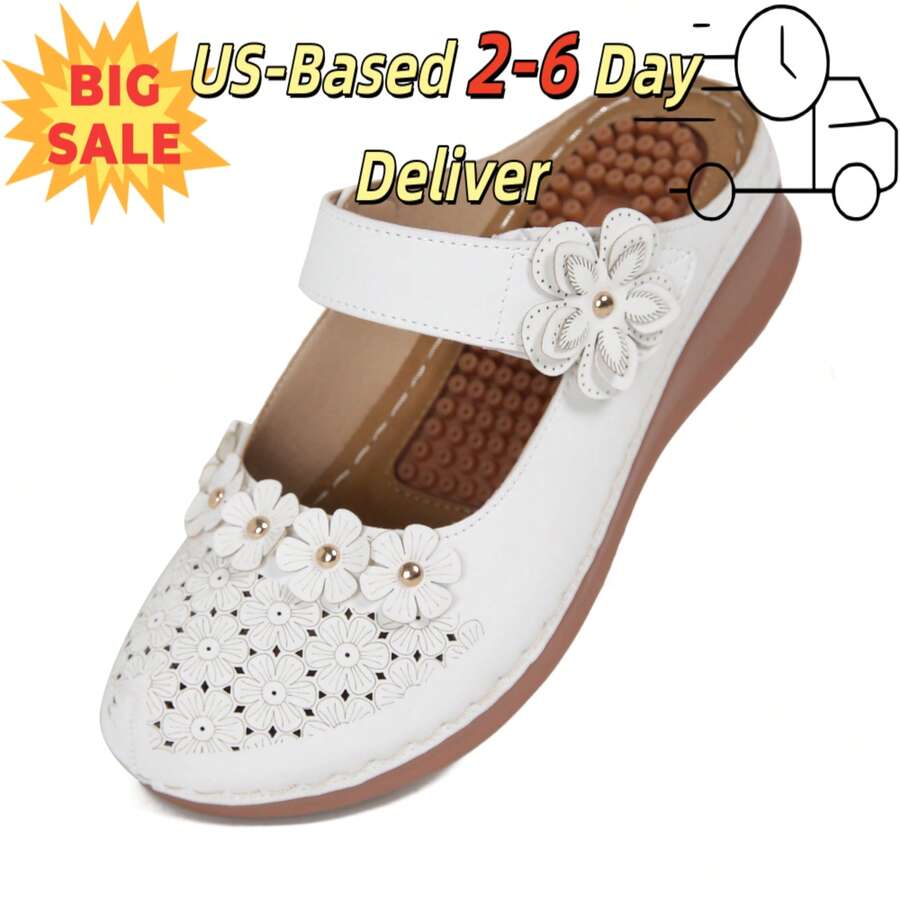 Ecetana Women's Fashion Perforated Mules: Breathable Platform Sandals With Floral Decor & Adjustable Ankle Strap | Sporty Slide Sandals For Beach, Vacation & Casual Outings | Orthopedic-Enhanced Comfort With Non-Slip Sole Technology.Women's Slide Sandals With Heel Cushion Dress Shoes Casual Summer. - trắng - Xem 1