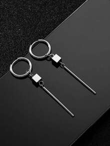 1对不锈钢立方体和条形吊坠耳环，时尚朋克风格男士耳环 - 銀色 - 查看 1