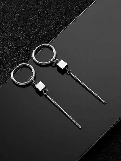 1对不锈钢立方体和条形吊坠耳环，时尚朋克风格男士耳环