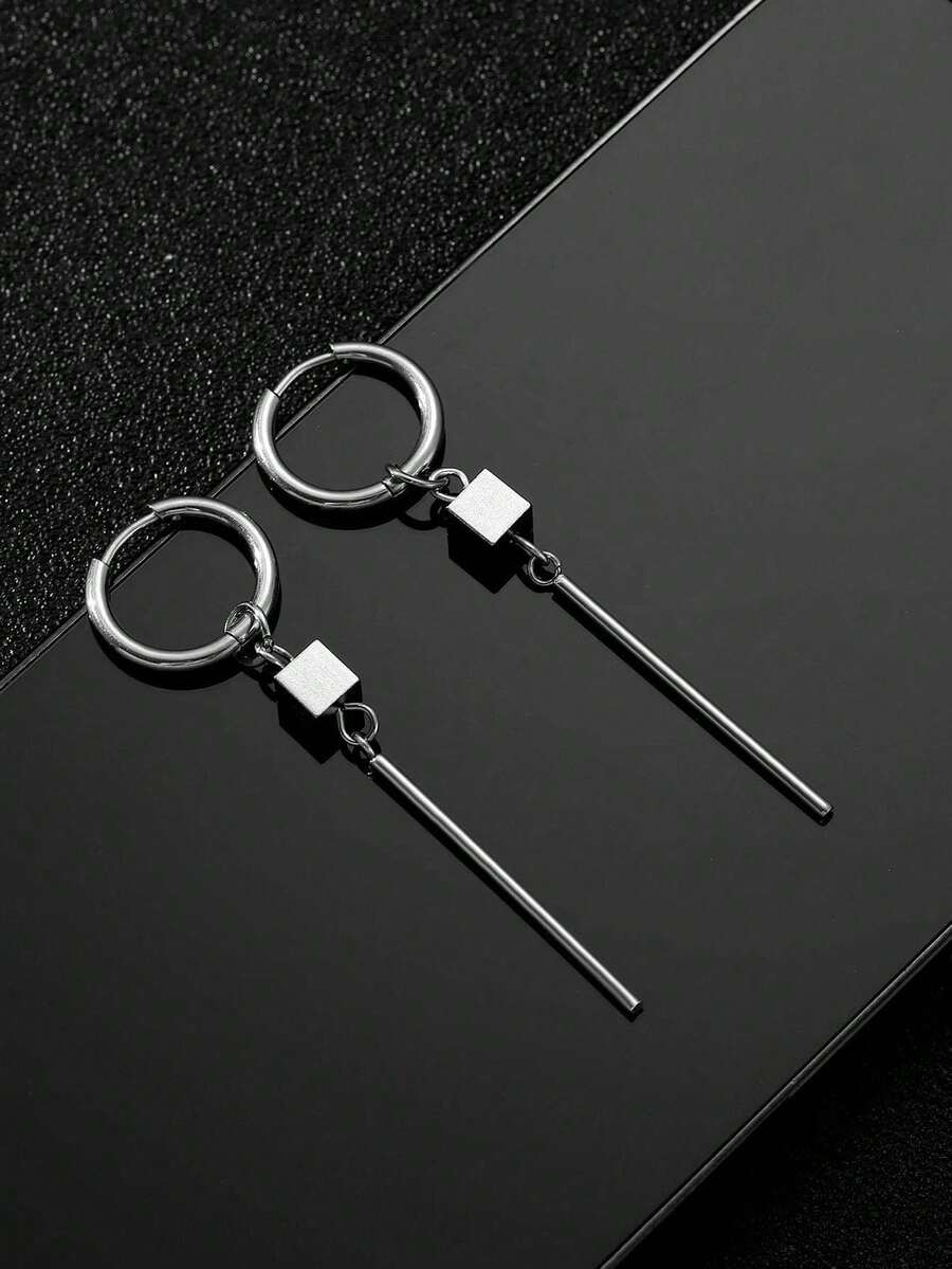 1对不锈钢立方体和条形吊坠耳环，时尚朋克风格男士耳环 - 銀色 - 查看 1