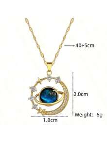 [Elegant Necklace] Elegant Golden-Tone Stainless Steel Celestial Planet Pendant Necklace For Women|   Sparkling Synthetic Zirconia Crystals, Blue & Clear Gemstone Design For Daily Wear & Parties, Valentine's Day Gift - 金子 - 查看 5