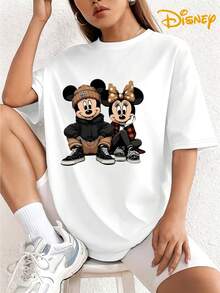 Disney Cartoon Print Front And Back Color T-Shirt, Women's Fashion  Breathable Short Sleeve Pullover - White - View 2