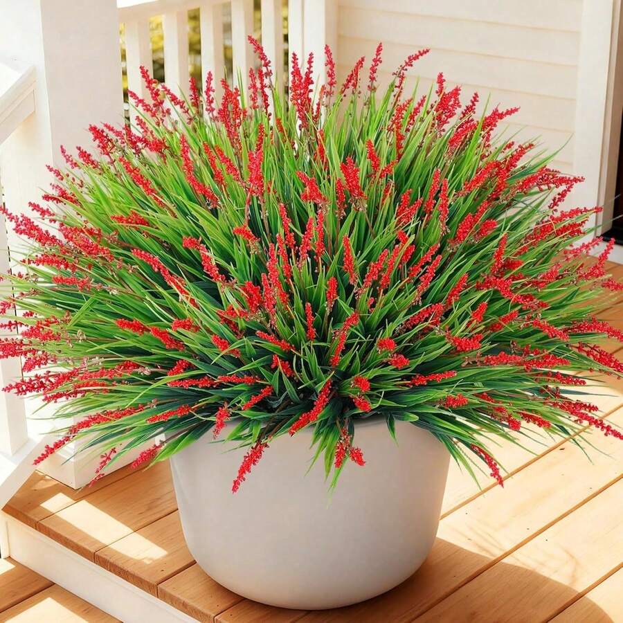 1 Bouquet Artificial Outdoor Lifelike Lavender Flowers, Fake Baobab Tree Plastic Greenery, UV Resistant Decor For Balcony, Window, Yard, Indoor - Red - View 1