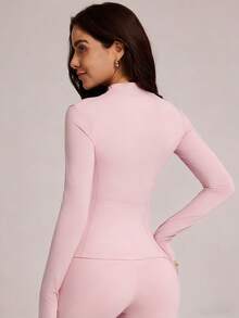 VUTRU Women's Fitted Sports Jacket With Thumb Hole, Stand Collar Outerwear - 淺粉色 - 查看 2