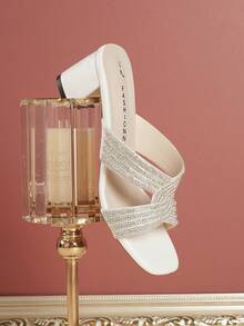 Black Rhinestone Heeled Slides, Chunky Block Heel With Sparkling Rhinestone Detail For Evening Wear - White - View 5