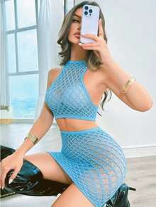 Bộ 2 món gồm áo croptop và chân váy lưới xuyên thấu gợi cảm, độ co giãn tuyệt vời, phù hợp với mọi dáng người, thích hợp mặc hàng ngày, dự tiệc biển, làm đồ lót, trang phục gợi cảm cho nữ. - Màu xanh nhạt - Xem 4