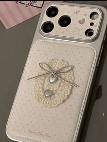 Niche High-End White Lace Silver Bow Heart 17 ProMax 16 15 13 Phone Case, Full Edge Protection Personalized Creative 16 ProMax Cover - White - View 3