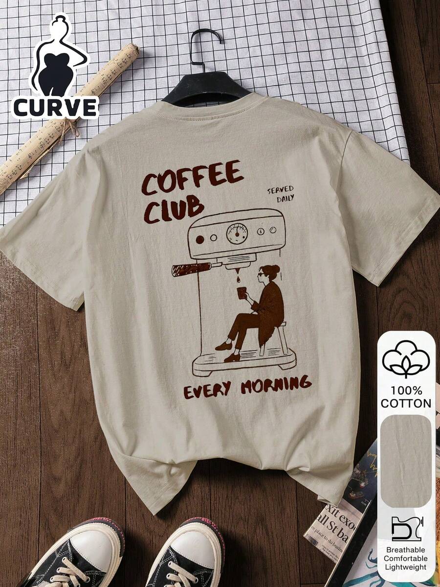 Coffee Club 印花加大码女式休闲时尚100%纯棉短袖上衣，图案T恤，柔软面料，棉质服装，户外上衣，印花图案，夏季T恤，女式T恤，上衣，夏季服装，度假装，旅行风格，海滩风，简约度假装 - 灰色 - 查看 1