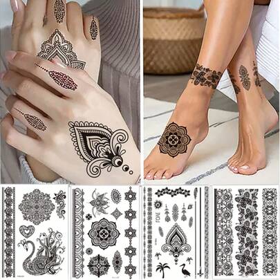 4 Full Hand Floral Lace Design Black Sexy Foot Finger Tattoo Stickers Female Finger Calf Lace Tattoo Stickers Paper Flower Waterproof Stickers Black Tattoo Stickers Women's Body Art Stickers Wedding Party Summer Beach Black Tattoo Stickers