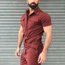 2026 Men's Workwear Jumpsuit Casual One-Piece Suit With Belt Short Sleeve - Black (laced, No Buckle Belt) - View 4