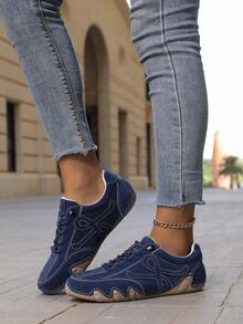 1双女士休闲PU皮系带英伦风套脚鞋，橡胶防滑鞋底，时尚手工缝制鞋头，四季皆宜 - 藍色 - 查看 8