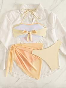 Women's Summer Beach Floral Print Halter Tie Bikini Set With Coverup And Skirt Vacation - Light Yellow - View 2