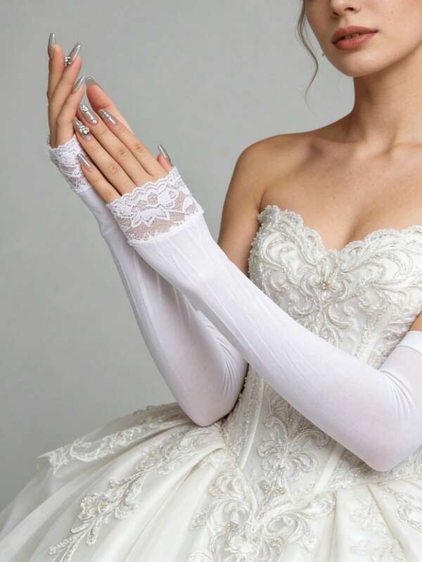 1 Pair White Thin Lace Trim Arm Sleeves, Suitable For Wedding, Outdoor Wear To Cover And Protect Skin
