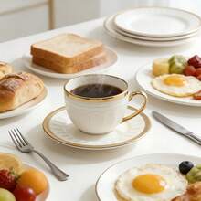 6pcs Luxury Arabian Nights Coffee Cup & Saucer Set, White Ceramic With Hand-Applied Gold Trim & Embossed Pattern, Elegant Tableware For Ramadan Kareem Iftar, Eid Celebrations & Traditional Oahwa Serving, Saucer Dia 14cm/5.51inch - Multicolor - View 2