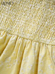 Women's Summer Sweetheart Neckline Floral Jacquard Midi Dress, Romantic Light Yellow Spaghetti Strap Vintage Dress, Ruched Bust Design, Suitable For Summer Vacation - Yellow - View 5