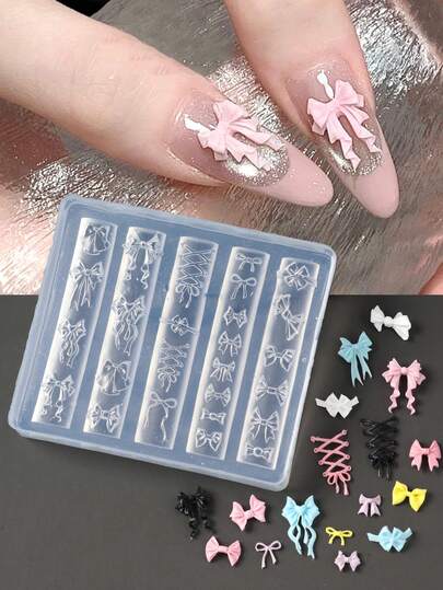 1件装3D可爱蝴蝶结硅胶美甲雕刻模具，优雅蝴蝶结缎带芭蕾舞设计凝胶印花模板，适用于婚礼派对甜美公主韩式美甲装饰模板工具，女士美甲