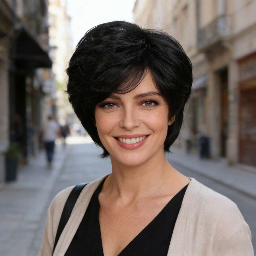 Peluca corta de estilo pixie para mujeres, peluca sintética de cabello corto y recto, peluca de corte pixie con flequillo, peluca corta y rizada con capas para mujeres de mediana edad y mayores - Negro - Ver 1