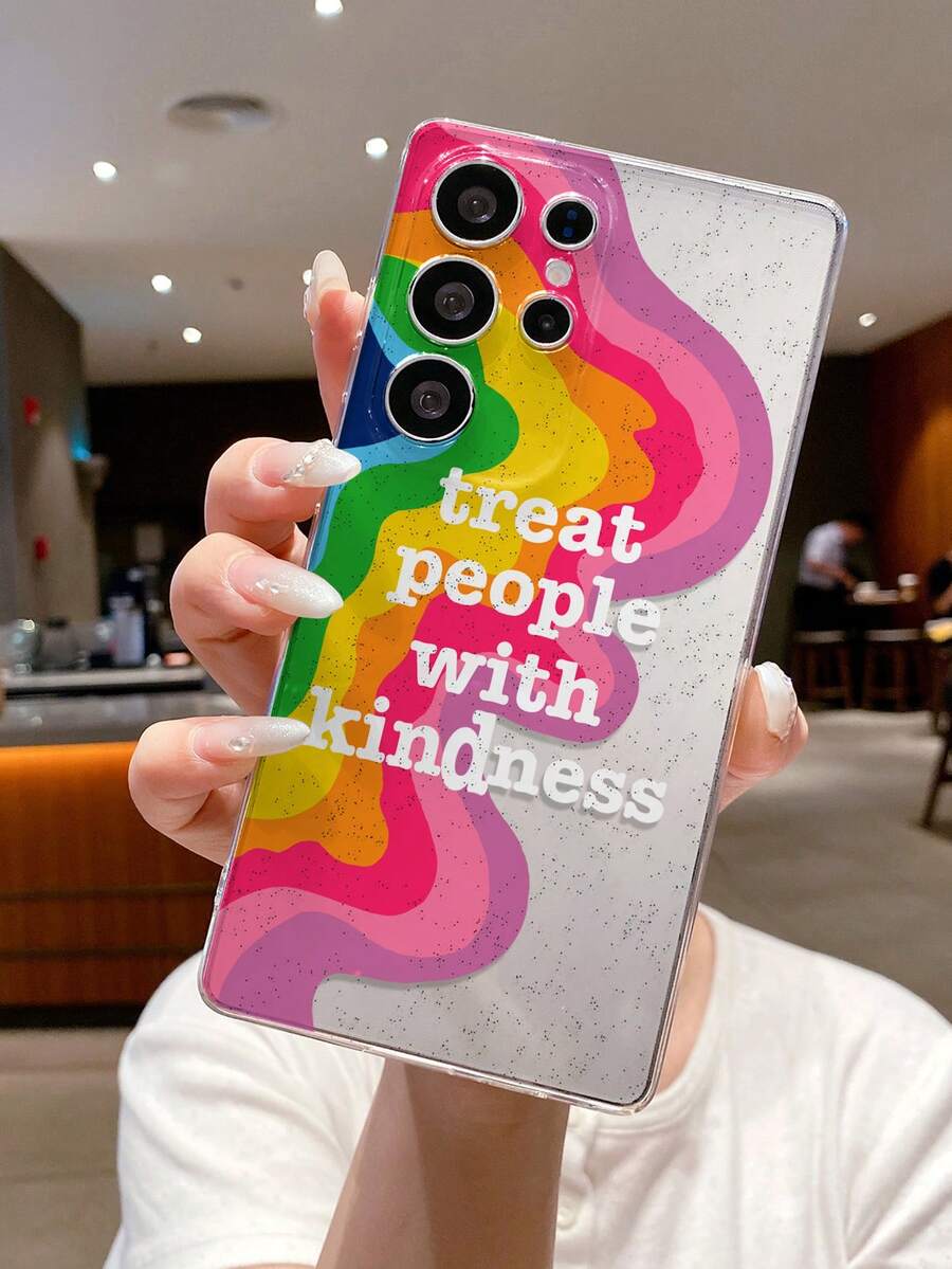 1pc Fashionable Rainbow Ripple Letter Pattern Transparent Soft TPU Shockproof Anti-Scratch Anti-Fingerprint Protective Phone Case, Camera Lens Protection Compatible With Samsung, Nothing, Pixel, - Multicolor - View 1