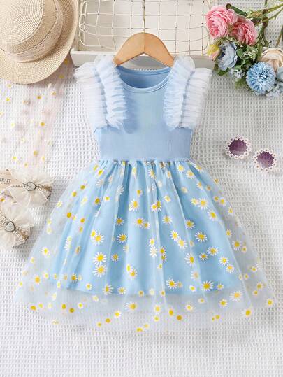 Girls' Casual Daytime & Holiday Cute Style Mesh Patchwork Daisy Floral Print Round Neck Sleeveless Dress, Suitable For Spring/Summer Parties & Events, European Elegant Dress, School Commute, Birthday Gift