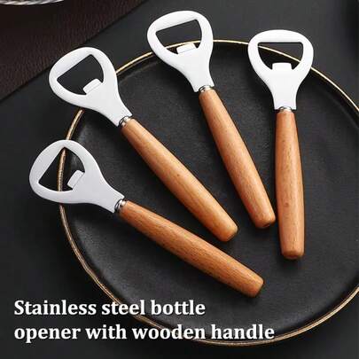 1/5pcs Wooden Handle Stainless Steel Bottle Opener, Natural Wood Color Portable Bottle Opener For Beer, Soda And Other Beverages