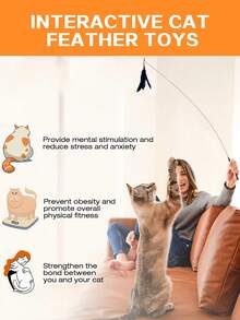 1pc Cat Teaser Wand Toy With Feather & Bell Replacements, Interactive Pet Toy For Cats To Play And Exercise, Suction Cup Handheld Design - Black and White - View 6