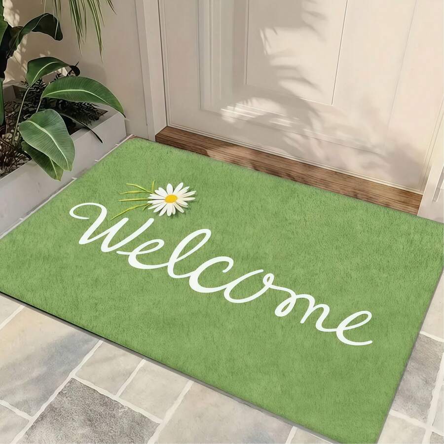 1pc Spring/Summer Daisy Welcome Mat - With Welcome Letter Print Carpet, Short Plush Rug, Machine Washable, Suitable For Living Room, Bedroom, Bathroom, Kitchen And Laundry Room - Durable, Fade-Resistant Entrance Mat. - Multicolor - View 1