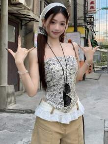 Áo hai dây crop top in họa tiết thiết kế retro Mỹ, áo không tay ôm sát gợi cảm hở lưng, thích hợp cho mùa hè dạo phố. - Màu be - Xem 7