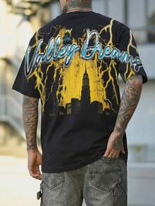 男士宽松渐变闪电印花圆领T恤，休闲街头风Y2K夏季时尚 - 黑色 - 查看 2