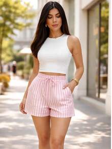 LINEN STRIPED SHORTS - Słodki róż - Zobacz 3