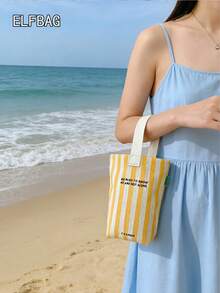 时尚简约条纹图案女士小手提包，休闲帆布小包，轻便可折叠迷你方包，黑色字母个性化设计，可装钥匙、水瓶、手机和个人物品，适合外出、散步和携带宠物。 - 黃色 - 查看 6