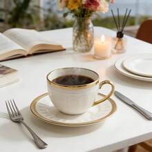 6pcs Luxury Arabian Nights Coffee Cup & Saucer Set, White Ceramic With Hand-Applied Gold Trim & Embossed Pattern, Elegant Tableware For Ramadan Kareem Iftar, Eid Celebrations & Traditional Oahwa Serving, Saucer Dia 14cm/5.51inch - Multicolor - View 5