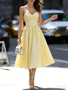Women's Summer Sweetheart Neckline Floral Jacquard Midi Dress, Romantic Light Yellow Spaghetti Strap Vintage Dress, Ruched Bust Design, Suitable For Summer Vacation - Yellow - View 10