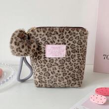 1个时尚豹纹化妆包，带毛绒爱心吊坠；可爱豹纹零钱包，带拉链；女士毛绒化妆包；化妆包；现金包；身份证夹；信用卡收纳包；卫生巾收纳袋 - 彩色 - 查看 9