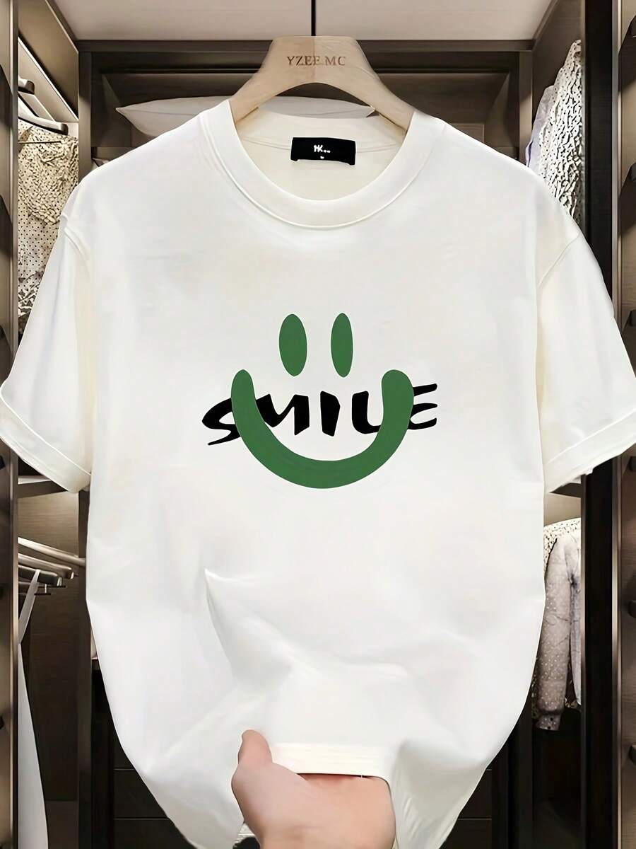 Camiseta de Hombre de Alta Calidad 100% Algodón, Cuello Redondo Casual, Manga Corta, Corte Regular, Esencial para el Verano con Diseño Gráfico "Smile", Blanca con Letras Verdes, Ligera y Transpirable para Atuendo Casual, Camiseta de Uso Diario |   Camiseta con Diseño Divertido |   Cómodo y perfecto como regalo para el Día del Padre, también es un regalo ideal para amigos y para tu pareja. - Blanco - Ver 1