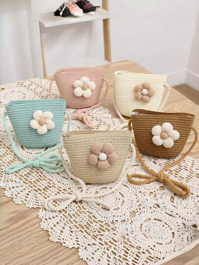 1 pieza Bolso bandolera de paja con patrón floral minimalista, adecuado para primavera/verano