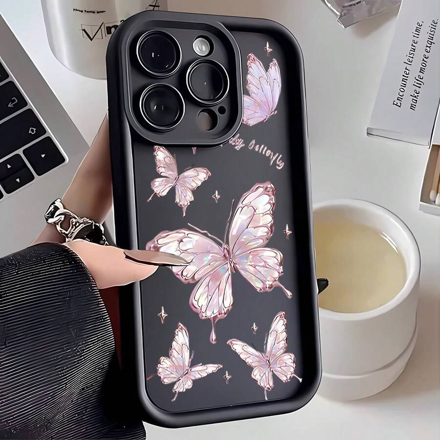 1pc Rhinestone Texture Butterfly Cute Cartoon Creative Minimalist Chic European And American Style, Matte Black Lens Frame Stepped Design Full Coverage Anti-Drop Soft Case, Compatible With Samsung/Galaxy/Honor/ Phones,International Version, Not The Domestic Version - Black - View 1