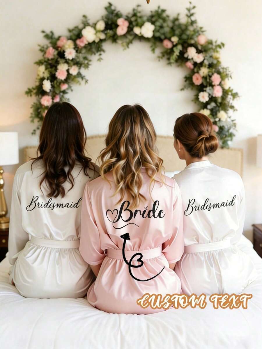 Bata de novia de satén personalizada con media manga,Bata de dama de honor personalizada para boda,Bata de satén personalizada,Bata de preparación de dama de honor,Bata de fiesta de boda,Talla-XL - Multicolor - Ver 1