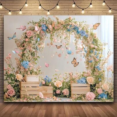 1 Set Pink Flower Wooden Door Romantic Sweet Style Background Decor, Photography Studio Prop Multi-Purpose Indoor Decoration Banner, Suitable For Home Decor, Party, Studio, Home & Garden, Wedding Scenes. Available In Multiple Sizes And Scenes.