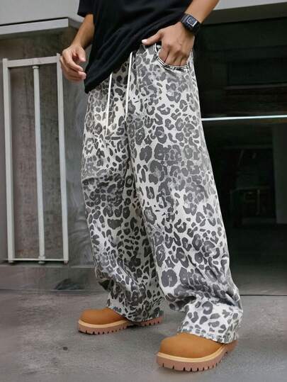 Calça casual reta com estampa de leopardo para homens, no estilo streetwear americano, com caimento folgado e confortável, presente ideal para amigos e familiares