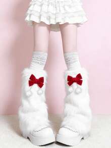 1 Pair Sweet Wine Red Bow & White Fuzzy Leg Warmers (May Have Light Shedding) - Multicolor - View 12