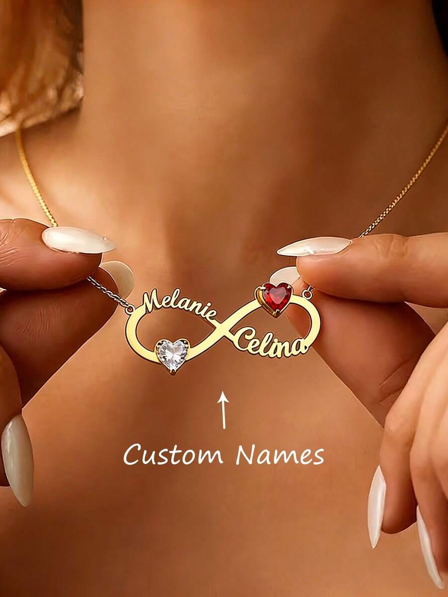Custom Heart Birthstones Two Names Infinity Necklaces For Women Stainless Steel Customized Pendant Necklace Female Personalized Neck Chain Jewelry Birthday Valentine's Day Gift - Multicolor - View 1