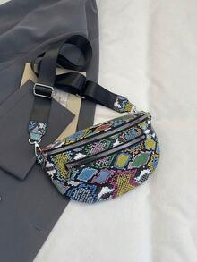 Contrast Color Snake Skin Pattern Chest Bag, Fashionable Zipper Shoulder Crossbody Bag, Unisex Waist Pack For All Seasons - Multicolor - View 7