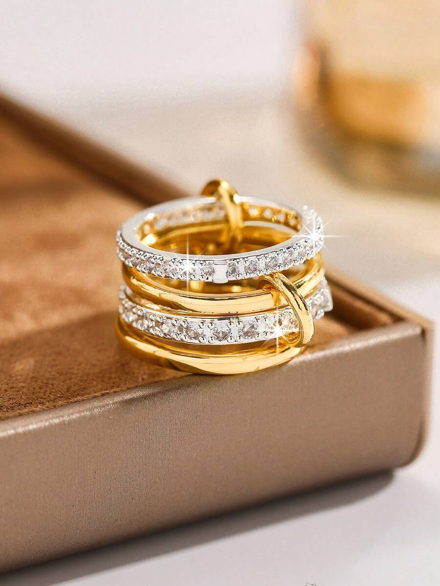 4件套 精美个性化立方氧化锆多层可调节铜合金彩色戒指 - 戒指套裝 - 查看 1